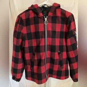 Women’s Red/Black Plaid Hooded Jacket/Coat, Full Front Zip, 2, Divided H & M
